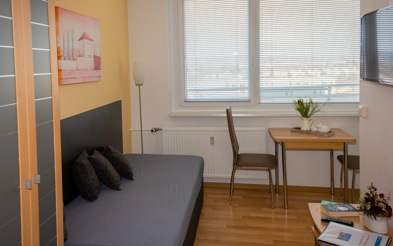 Gästewohnung Am Ringpark 3a - kleines Zimmer mit Couch, Tisch und Fernseher