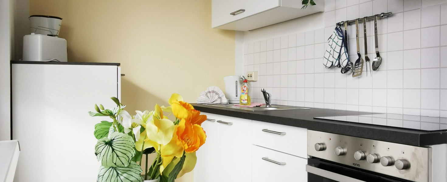 Bild Gästewohnung Am Ringpark 3a - Moderne Küche mit schönen Rosenstrauss