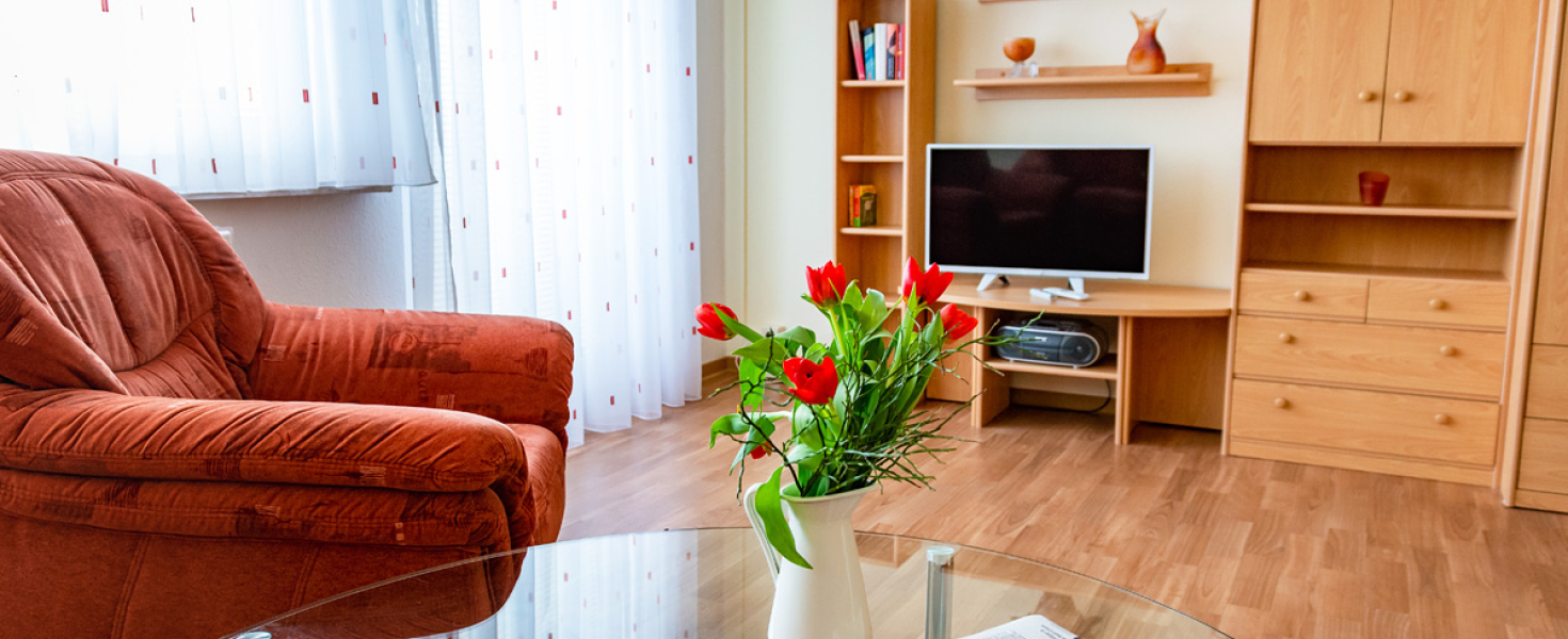 Gästewohnung Radebeuler Str. 6b - Schrankwand, Couch und Glastisch